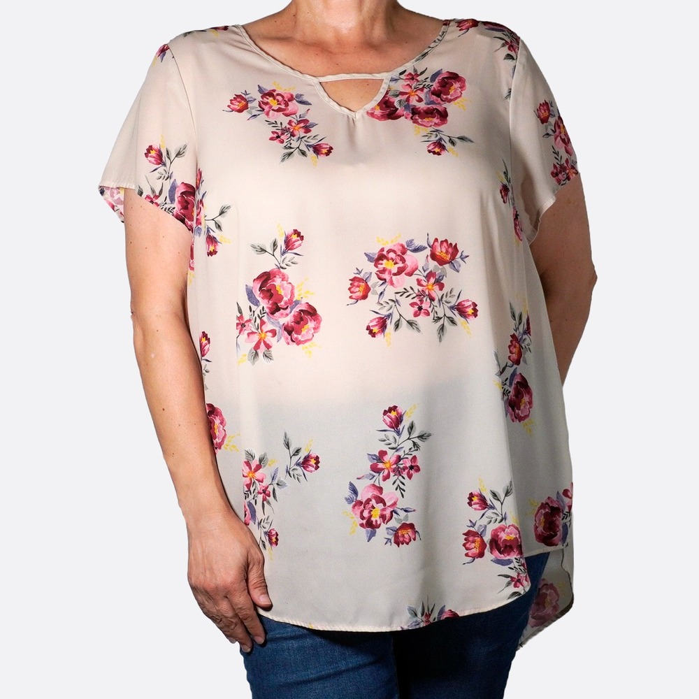 Torrid Floral Georgette Blouse Cream Keyhole Neck Short Sleeve Top Plus XL 1X